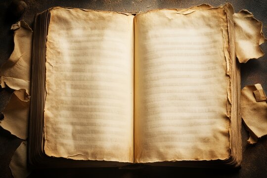 Old open book with blank yellowed pages and torn edges on wooden table. Vintage paper texture with aged look. Historical book and literature concept for design and print. - Powered by Adobe