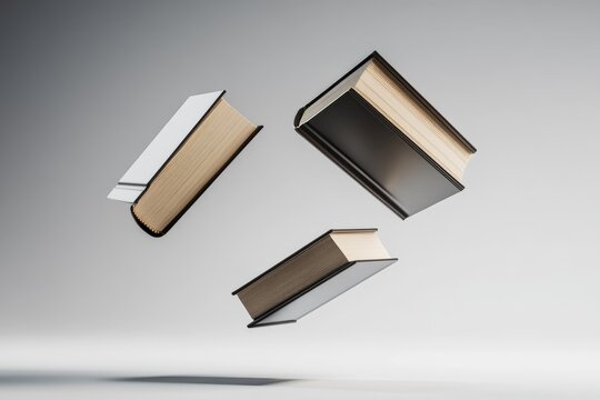 Three hardcover books with black and white covers floating in midair against a gray gradient background. Studio photography with minimalist style. Education and reading concept for design and print. - Powered by Adobe