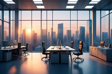 Modern Office Space with City Skyline View During Sunset