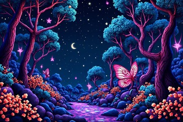 A picture of Luminous Night Valley with Butterflies