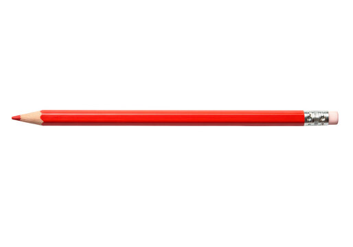 A single red pencil with a sharpened point and an eraser, isolated on a transparent background