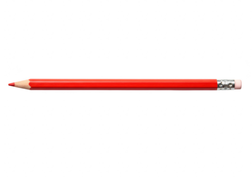 A single red pencil with a sharpened point and an eraser, isolated on a transparent background