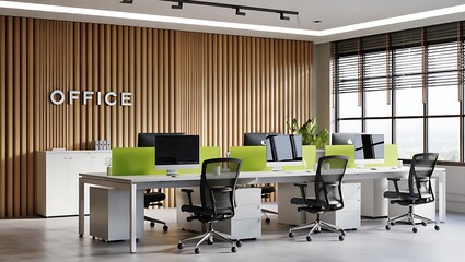 Modern Office Interior Design With Natural Wood Elements And Green Accents Creating A Productive Workspace