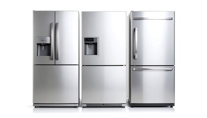 Three stainless steel refrigerators against white background