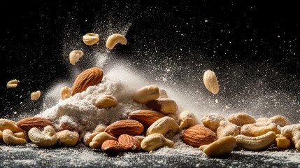 Almonds and cashews falling onto a pile of almond flour against a black background.