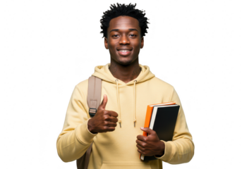 A smiling young african man with a backpack and books gives a thumbs up, signifying success in education isolated on transparent background