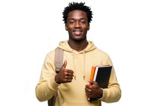 A smiling young african man with a backpack and books gives a thumbs up, signifying success in education isolated on transparent background