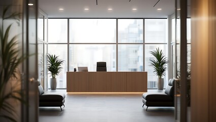 Modern Office Reception Area with Natural Light and Green Plants