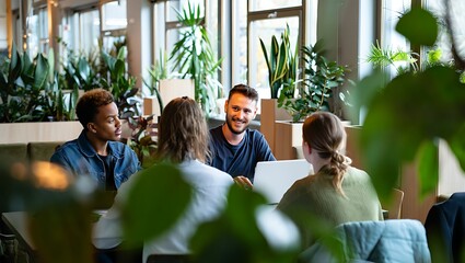 Diverse Young Adults Collaborating Together in a Bright Modern Office with Lush Green Plants