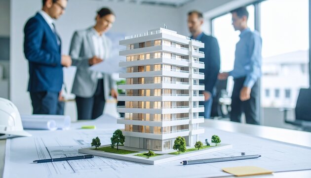 Professionals reviewing a building model and blueprints in office