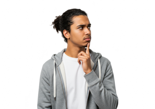 A young man with curly hair tied back thoughtfully considers with his finger on his chin, isolated on transparent background