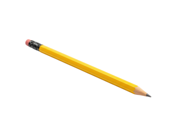 Single vibrant yellow hexagonal graphite pencil with a sharpened point and unique dark brown painted end, isolated horizontally on a transparent background with copy space, shadowless studio lighting,