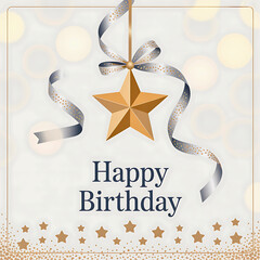 A golden star with ribbons and the text happy birthday on a soft background