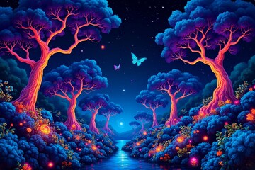 A picture of Luminous Night Valley with Butterflies