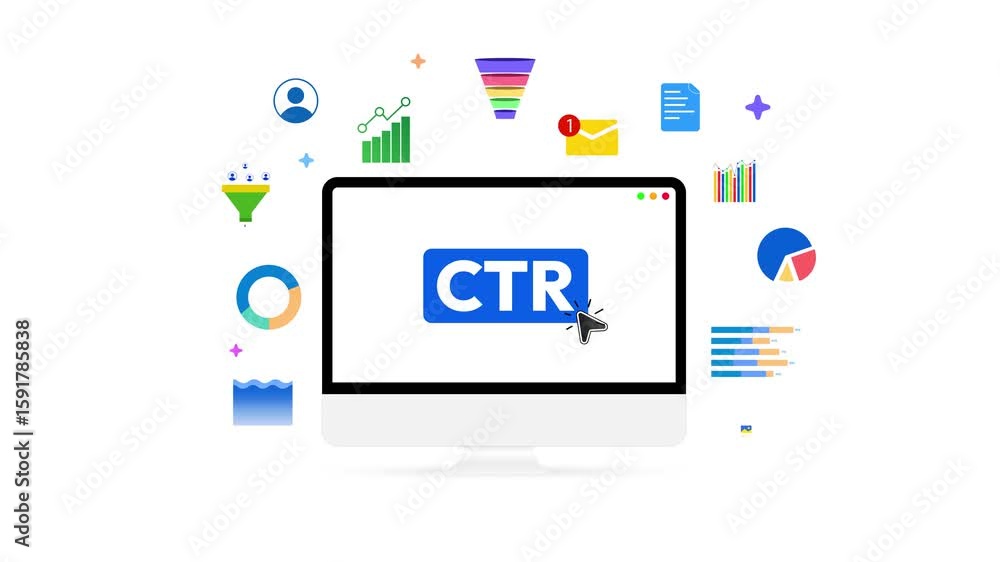Poster click through rate concept with cursor touching and floating icons around the computer, 4k animation