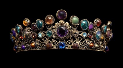 Ornate jeweled crown with colorful gemstones isolated on black background.