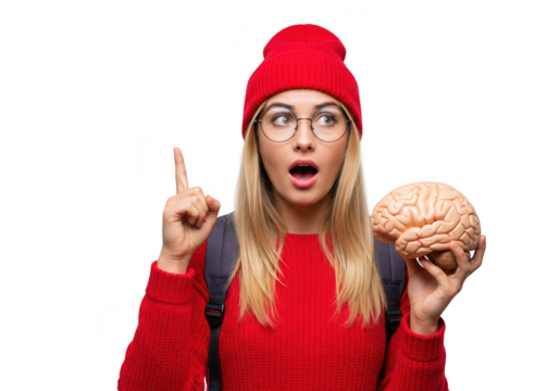 Surprised young woman with glasses and a red beanie holds a brain and points upwards isolated on transparent background - Powered by Adobe