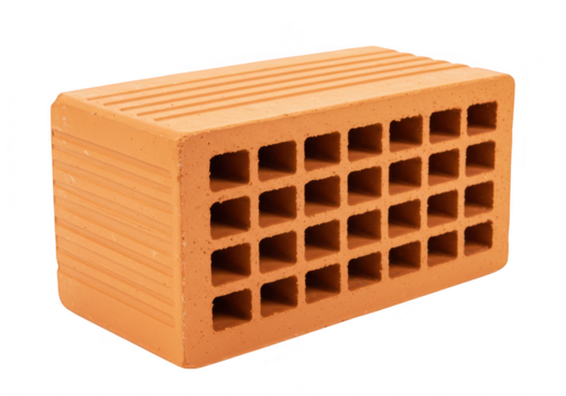 A single orange brick with many square holes, isolated on a transparent background