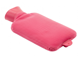 A pink fabric hot water bottle, used for warmth and pain relief, isolated on a transparent background