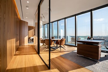 Modern Office Space Design with Floor to Ceiling Windows and Warm Wood Accents