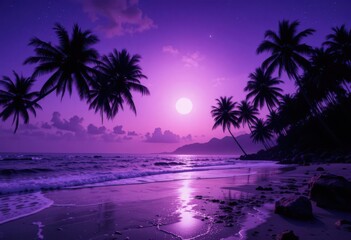  Wisteria Waters A Dreamlike Purple Sunset with Palm Trees, Crescent Moon Stars Mirrored in the Beach s Ocean Water