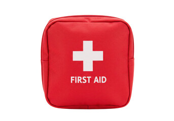 Obraz premium A red first aid kit bag with a white cross symbol, indicating emergency medical supplies, isolated on a transparent background