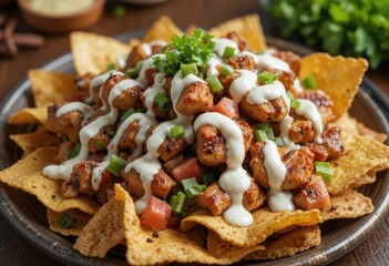  Wood Fired Nachos Savory Grilled Chicken Ranch on Crispy Chips, a Rustic Culinary Delight.