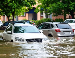 豪雨で水没した市街地の車