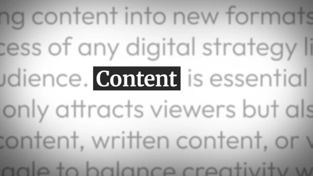 Content typography showing in multiple formats close-up 4k animation. News style, media.