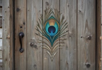  A weathered wooden door features a rustic hand painted peacock feather design, blending natural materials with artistic
