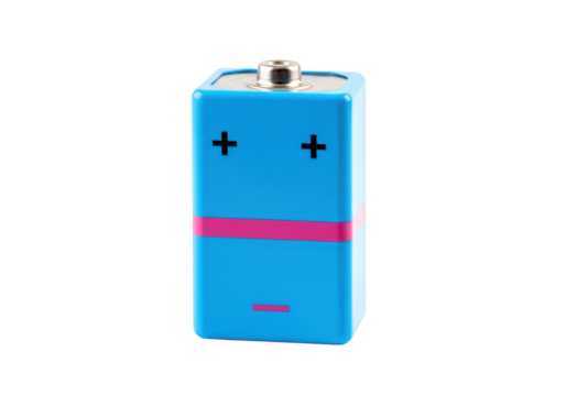 A blue 9volt battery with positive and negative terminals isolated on a transparent background