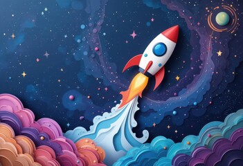  Whimsical Spaceflight Papercut Rocket Soaring Through a Galaxy of Swirling Colors, Leaving a White Trail on a Starry, Dark Blue