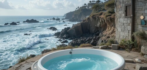  Oceanfront Bathtub Sanctuary Blue Hues and Natural Textures Create a Refreshing Escape