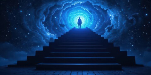  Dark Blue Steps Leading into a Swirling Cosmic Nebula