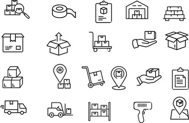 Set of Outline Logistics, Warehouse, and Delivery Icons

