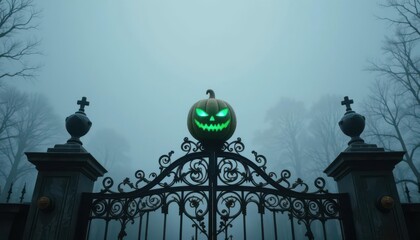  Neon Green Jack o Lantern with Laser Cut Designs on a Wrought Iron Cemetery Entrance