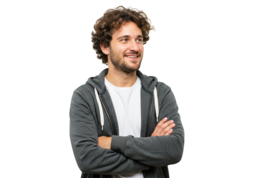 A smiling man with curly hair and a beard, wearing a hoodie, stands with his arms crossed, looking to the side isolated on transparent background