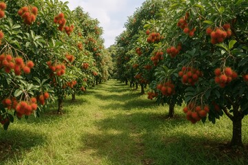 Lush Rambutan Farm with Vibrant Trees and Green Pathway