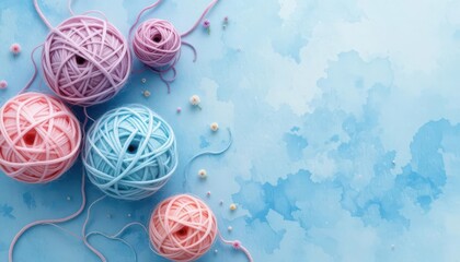  Watercolor Knits Soft watercolor technique renders yarn balls against textured blue paper; dreamy, soft, and creative.