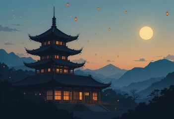  Minimalist Illustration of a Chinese Temple Bathed in the Warm Glow of Paper Lanterns at Twilight, Simple and Elegant