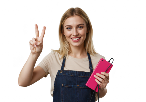 A happy young woman with blonde hair and blue eyes smiles and holds up two fingers in a peace sign while holding a pink tablet isolated on transparent background