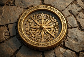  Aztec Golden Compass Tribal Patterns, Radiating Sun Rays, Earthy Tones, Ancient Civilization, Stone Texture, Navigation Tool