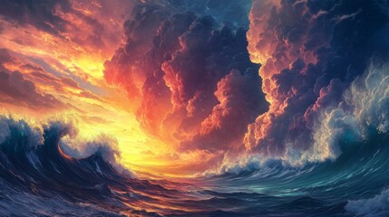 Dramatic sunset over turbulent ocean with fiery clouds.