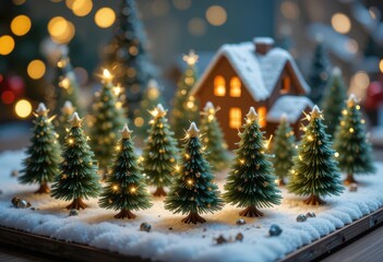  A Christmas tree farm lit with tiny lights within a Chibi 3D Christmas Gift.