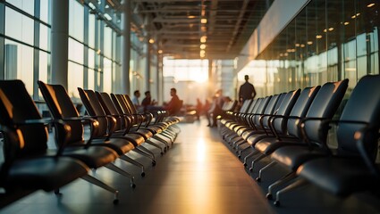 Empty Airport Waiting Area bathed in Warm Evening Sunlight with Silhouetted Passengers