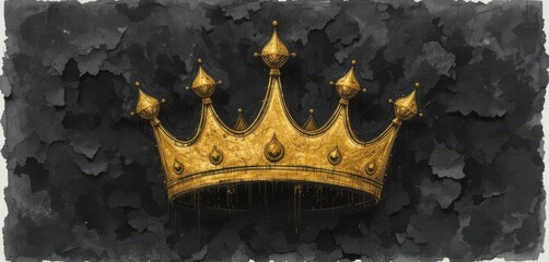  An ink drawing of a golden crown on black watercolor paper, creating a textured and artistic visual experience.