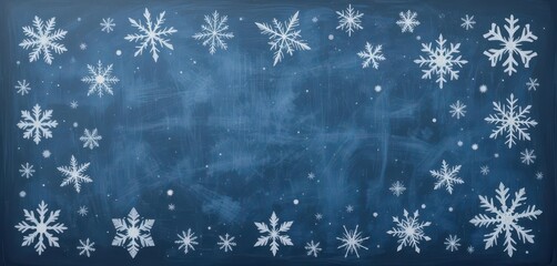  Playful Winter Chalk Style Snowflake Doodles on a Blue Chalkboard, Evoking Childhood Memories of Winter Fun