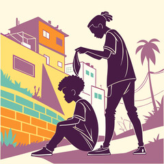 Vector art of a young man cuts another young mans hair in the favelas of brazil