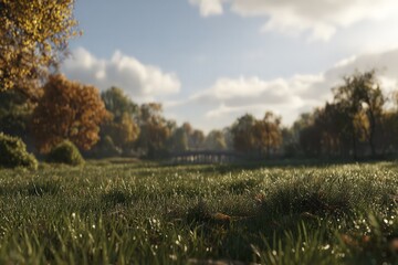 Autumn Meadow With Dew Drops And Bridge In Background