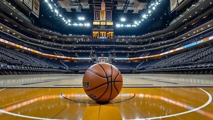 Illustration of an orange basketball inside a basketball court with a stadium background - Powered by Adobe